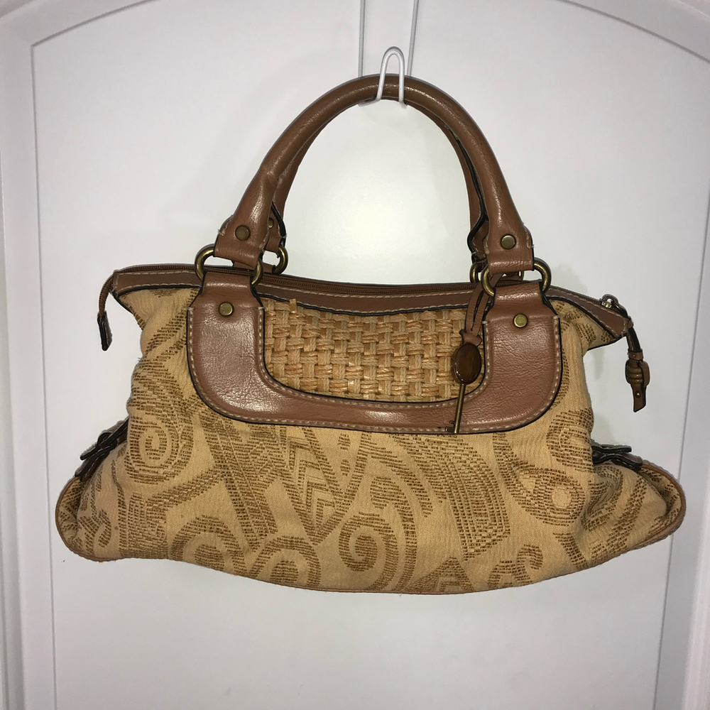 Fossil Vtg Tapestry & Leather Carpet Satchel Shoulder Bag Purse EUC